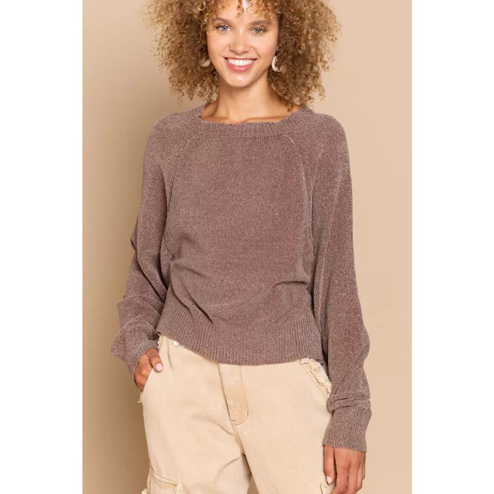 POL Round Neck Backless Sweater with Ribbed Edge - Picture 4 of 5